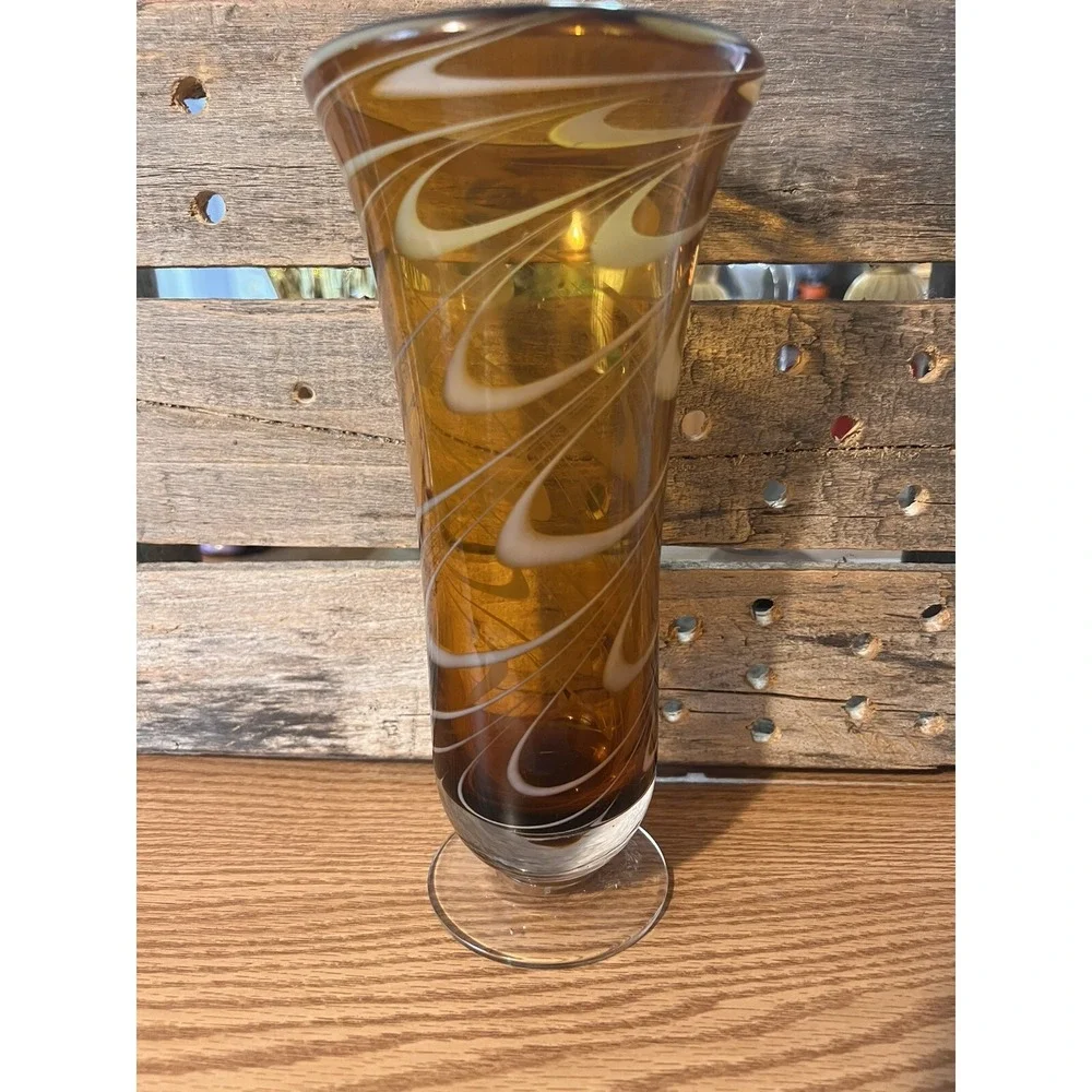 Vintage Hand Blown Brown Amber With White Swirl Footed Glass Vase 9